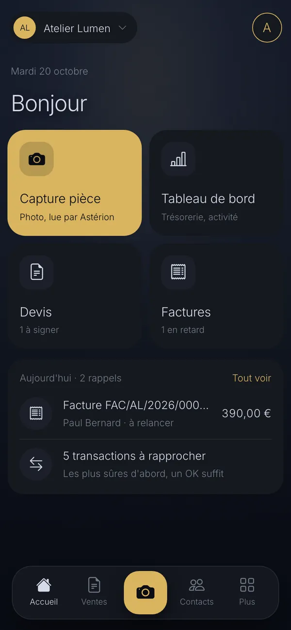 L'accueil : vue téléphone d'END OS (démo Atelier Lumen)