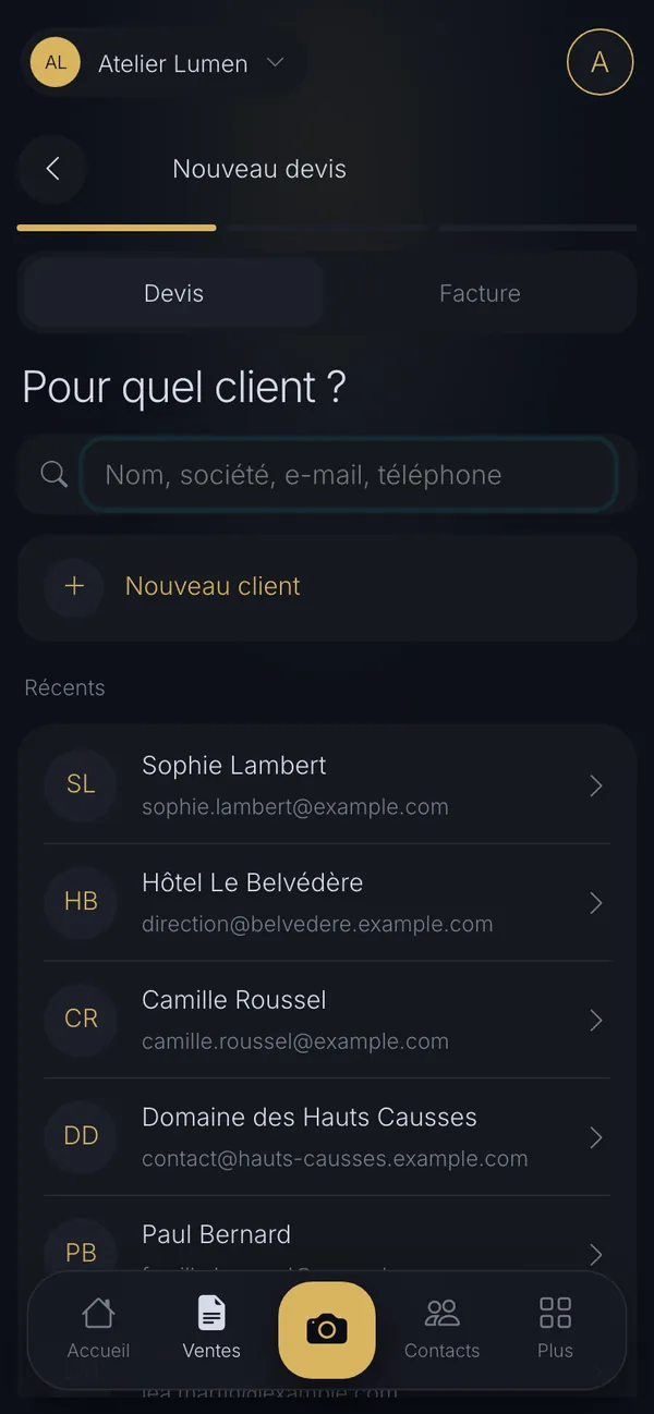 Un devis en trois écrans : vue téléphone d'END OS (démo Atelier Lumen)