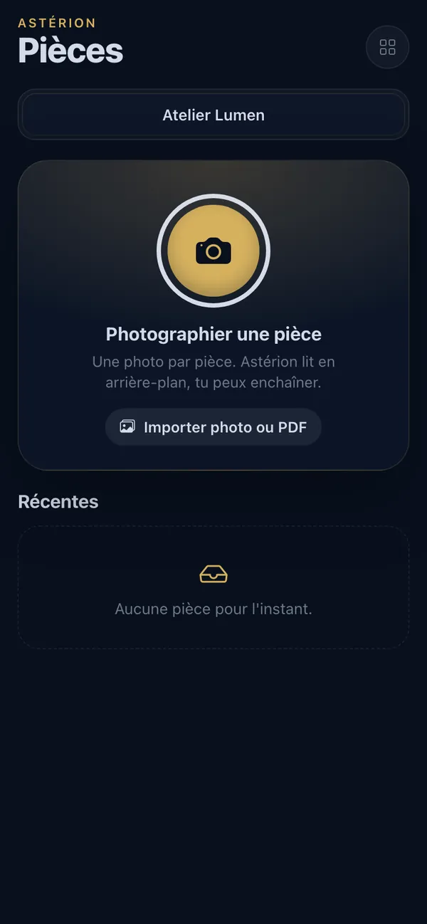 Photographier une pièce : vue téléphone d'END OS (démo Atelier Lumen)